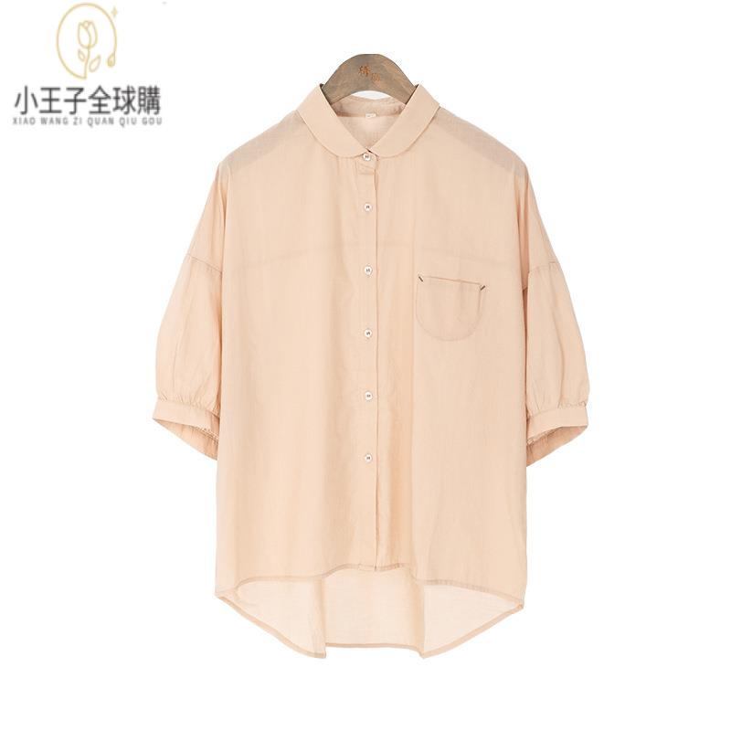 【公司現貨速發】免運 開發票 小王子女裝早秋女式襯衫純棉巴釐紗泡泡袖氣質通勤百搭單排五分袖上衣女裝上衣 流行女裝 棉麻 早秋 日韓女裝