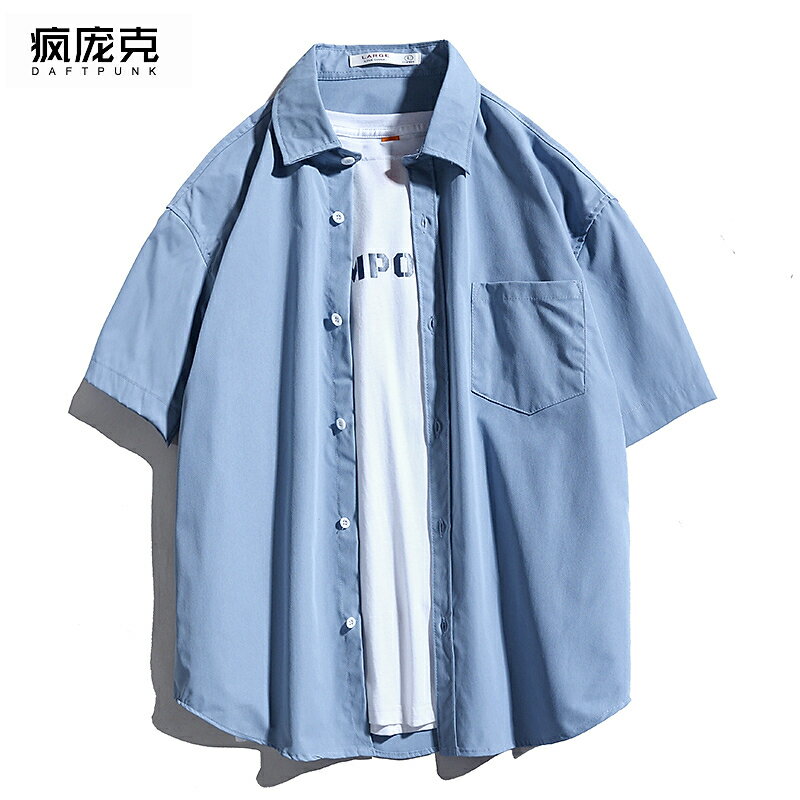 純色翻領短袖襯衫男女薄款夏季情侶寬松襯衣潮牌ins潮流日系外套