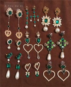 歐美風復古氣質綠色寶石巴洛克愛心十字珍珠宮廷風銀針耳環耳飾女
