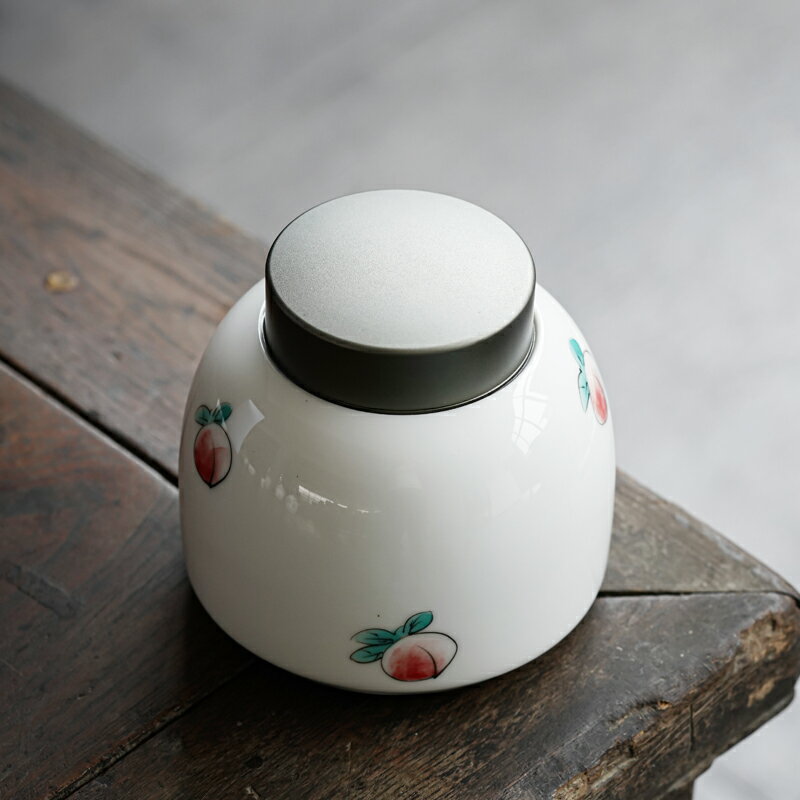 純手繪水蜜桃茶葉罐錫蓋密封罐家用日式小清新陶瓷儲茶罐空罐防潮