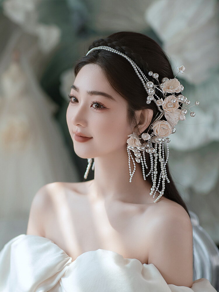 新娘頭飾韓式超仙唯美花朵流蘇發夾淺色系婚紗禮服婚禮造型發飾品