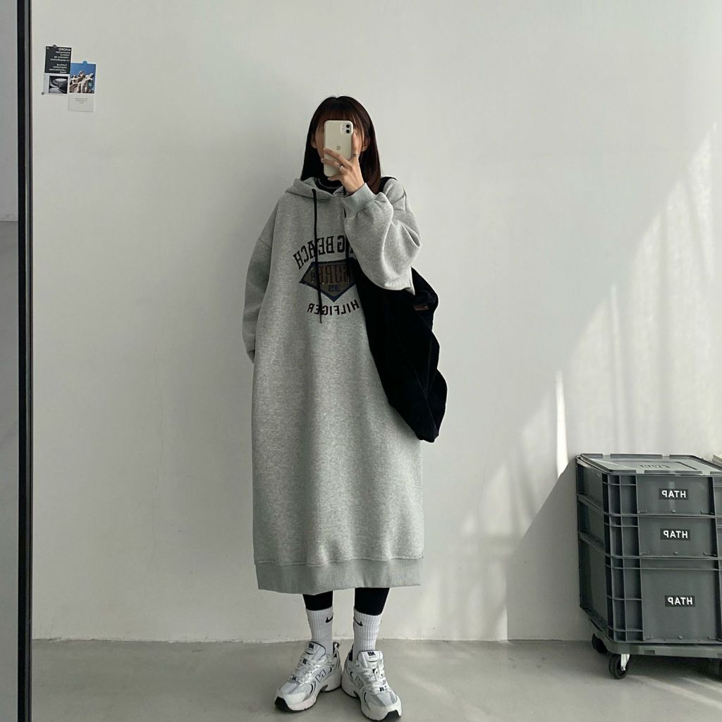 FUXI 長款連帽T女 大學T 衛衣裙 長袖t恤裙 加絨加厚內刷毛連身裙 寬鬆顯瘦遮肉洋裝 保暖長裙 女裝