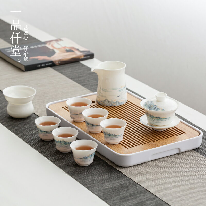 【優選百貨】羊脂玉功夫茶具套裝家用簡約瀝水盤德化白瓷蓋碗茶杯整套