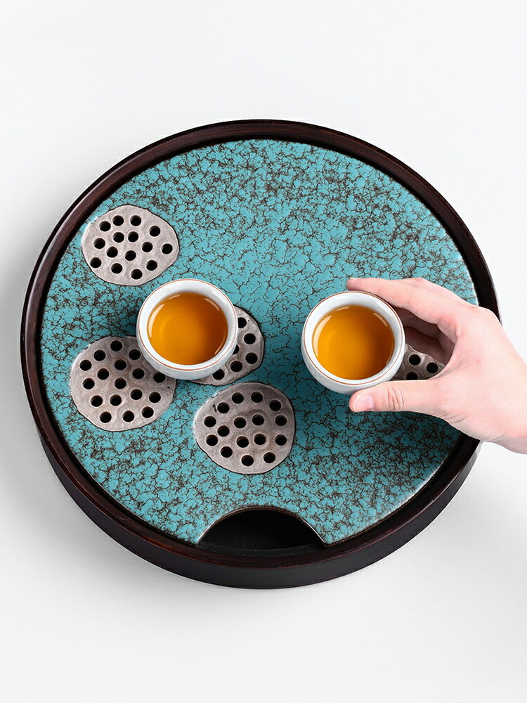 陶瓷茶盤家用瀝水圓形托盤簡約儲水式小型茶臺功夫茶具茶海幹泡盤