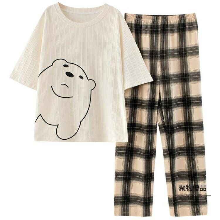 夏季短袖長褲睡衣女可外穿純棉薄款圓領家居服套裝【聚物優品】
