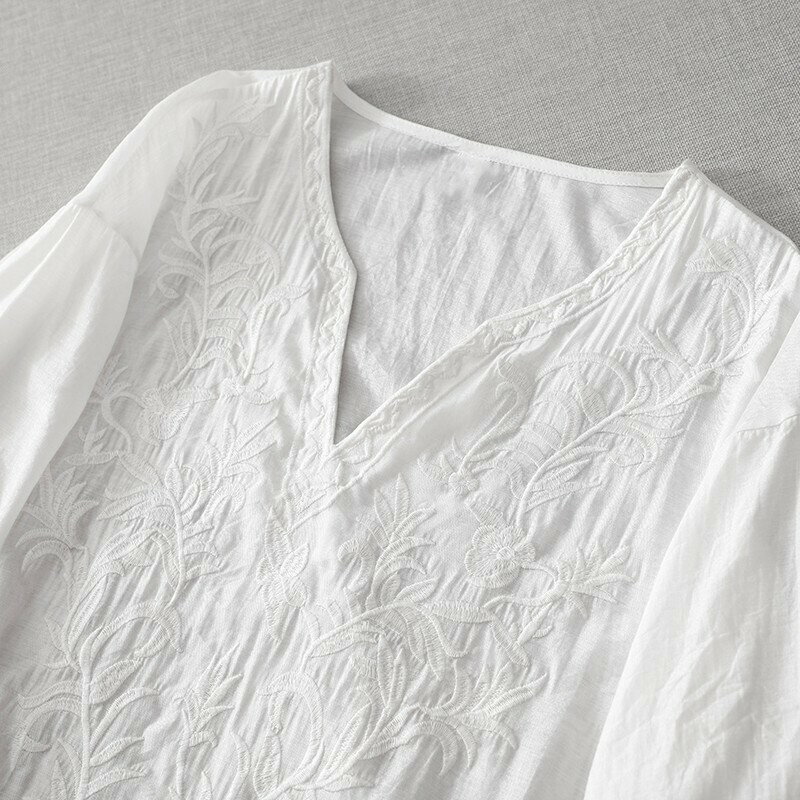 大尺碼洋裝 苧麻刺繡連身裙女夏新款復古文藝大碼寬鬆顯瘦氣質中長裙