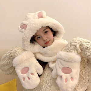 小熊帽子女冬季可愛兔兔手套防寒保暖圍巾一體三件套三合一厚款