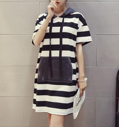 FINDSENSE MD 韓國時尚 女 寬鬆 條紋牛仔拼接 連帽 連身裙 短袖