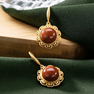 鍍925銀耳環金色高檔人造南紅寶石優雅百搭個性時尚設計女士耳墜