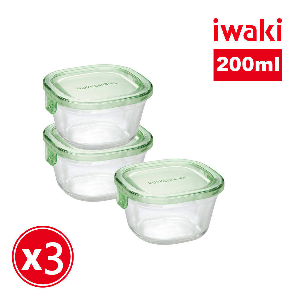 【iwaki】日本耐熱玻璃方形微波保鮮盒/烘焙模具 (綠色3入組)200ml
