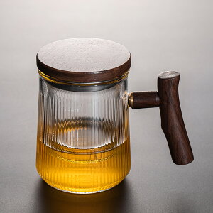 日式耐高溫玻璃杯辦公室水杯帶蓋過濾茶水分離黑桃木把防燙三件杯