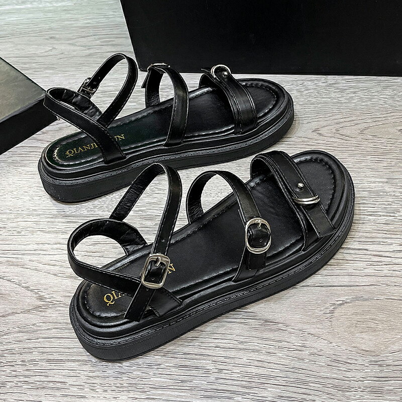 涼鞋女新款夏百搭學院風平底學生鬆糕厚底配裙羅馬鞋ins潮