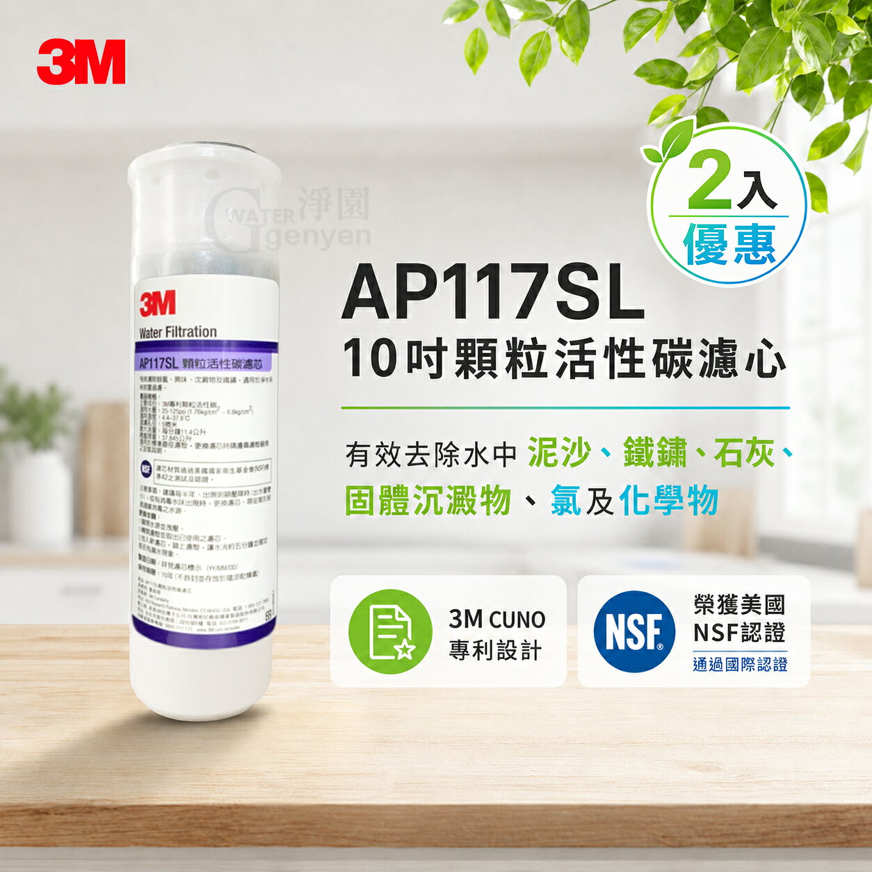 【3M公司貨】AP117SL 顆粒活性碳濾心2入-市售活性碳濾芯50倍以上之處理量(標準10吋通用) (同 AP117 )