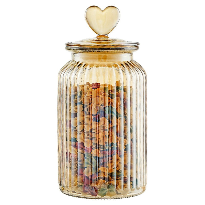 琥珀色愛心玻璃密封罐家用透明帶蓋玻璃瓶廚房食品雜糧儲物咖啡罐
