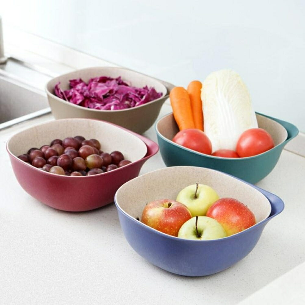 果盤 塑料雙層瀝水籃洗菜盆廚房洗菜籃子客廳果盤家用創意水果盆-快速出貨