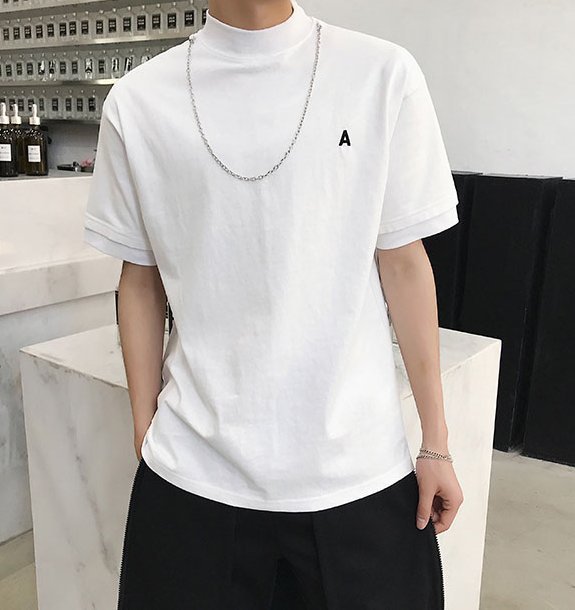FINDSENSE H1 2018 夏季 新款小清新 刺繡 立領 金屬鏈設計 純棉 半袖 時尚 短袖 T恤 潮男