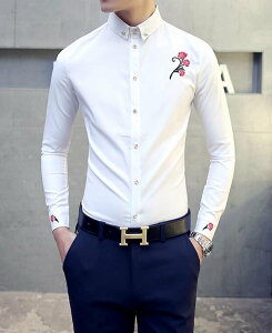 FINDSENSE品牌 男 時尚 潮 薄款 修身 胸前袖口花朵刺繡 長袖襯衫 刺繡襯衫
