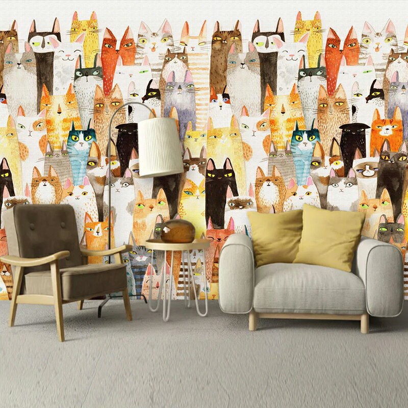 手繪貓咪電視背景墻布壁紙復古餐廳臥室墻紙壁布寵物店咖啡廳壁畫