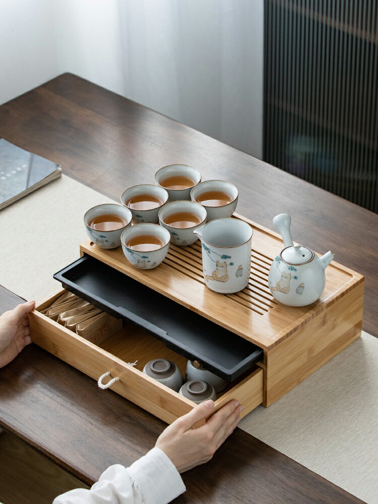 一品仟堂汝窯功夫茶具套裝家用客廳簡約收納盒幹泡排水茶盤辦公室