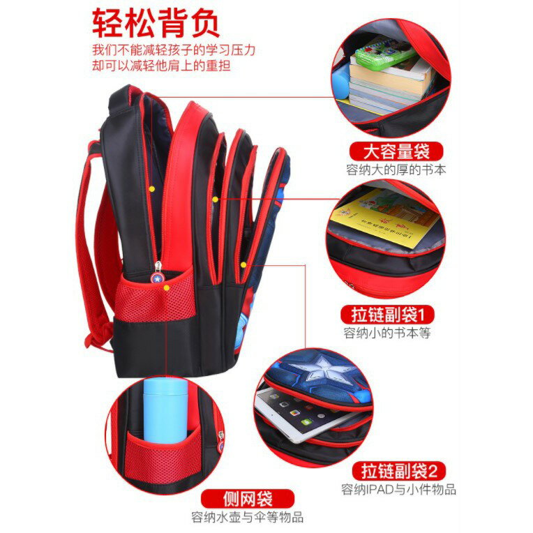 櫻桃嚴選 大班/國小1-6年級 英雄聯盟護脊護背 國小書包 蜘蛛人 蝙蝠俠 美國隊長 超人 雙肩書包 小學生書包背包 6