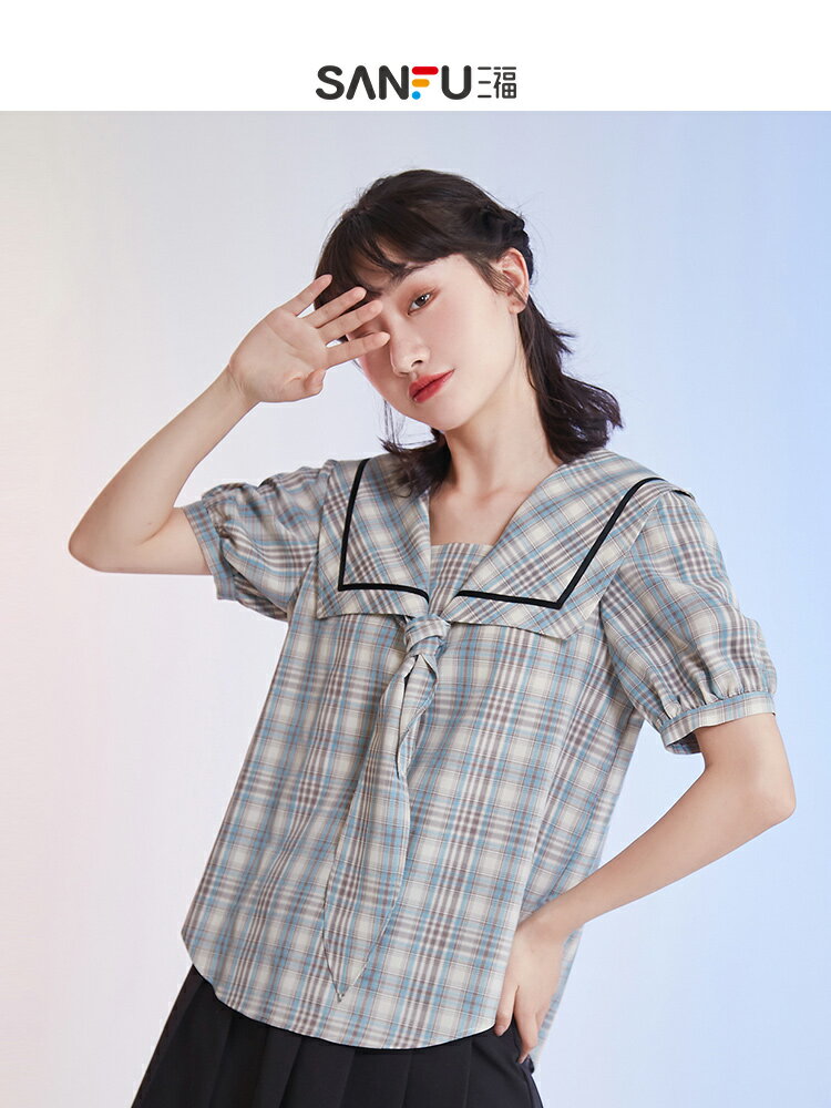 三福上衣夏季海軍領學院風設計感泡泡短袖襯衫T恤女裝439866