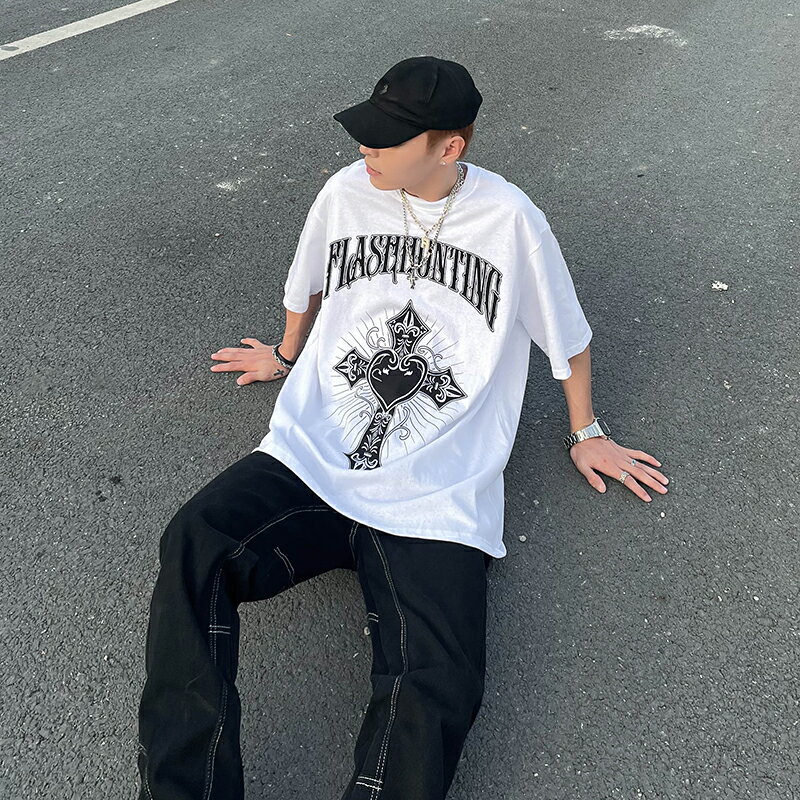 歐美高街hiphop嘻哈十字架印花短袖T恤男ins潮牌美式寬松炸街上衣