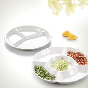 A5白色密胺快餐盤創意圓形多格分隔飯盤零食小吃水果盤子仿瓷餐具