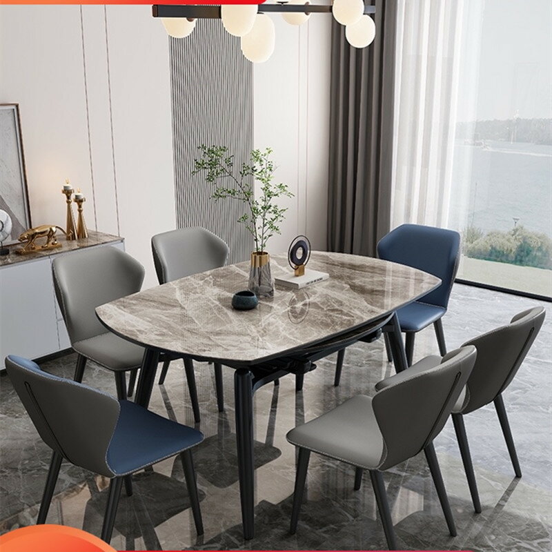意式輕奢亮光巖闆餐桌現代簡約家用小戶型可伸縮實木餐桌組合客廳