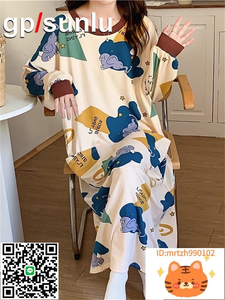 日本代購GP純棉睡衣女春秋季長袖過膝睡裙大碼可愛卡通冬季家居服-時尚精品