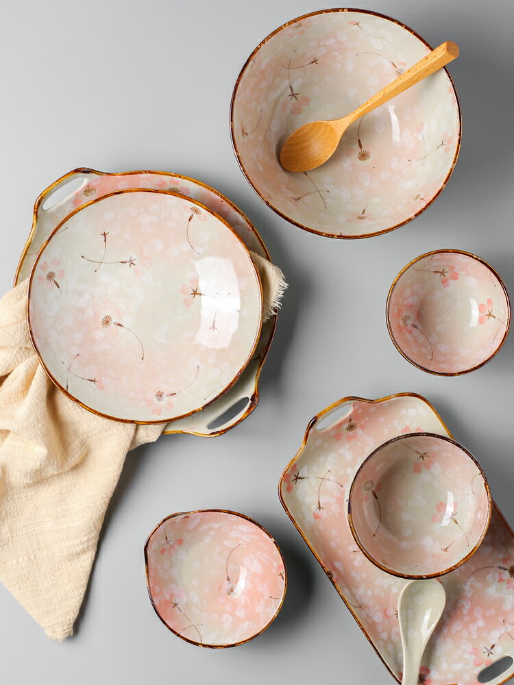 日式櫻花餐具陶瓷飯碗筷湯面碗家用新好看盤子碗碟套裝