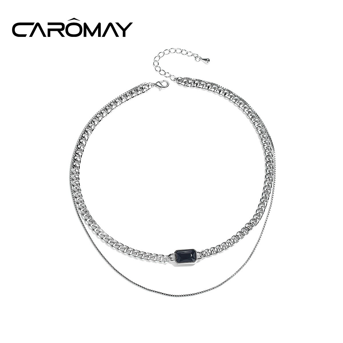 CAROMAY潮酷方鋯雙層項鏈女潮網紅氣質簡約鎖骨鏈chic個性短頸鏈 3