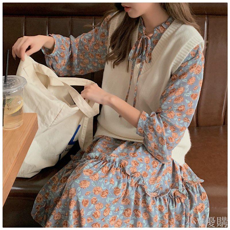 單/套裝 新春秋季碎花裙子法式寬松復古學生馬甲兩件仙女連衣裙