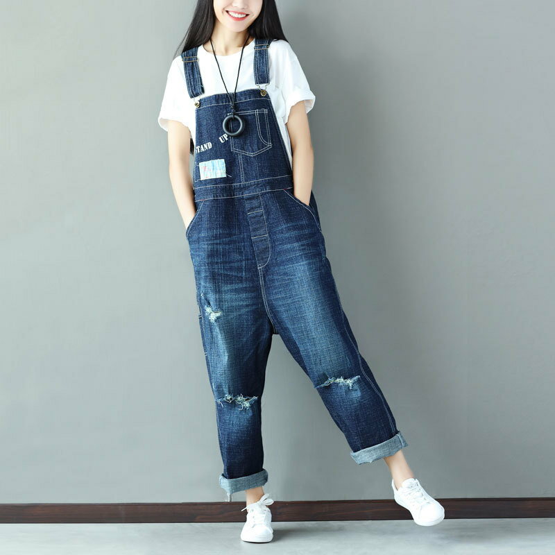 【巴黎精品】牛仔褲吊帶長褲-復古破洞貼布背帶韓版水洗女褲子a1ir49