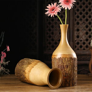 泰國木雕樹皮裝飾花瓶擺件芒果木花瓶復古實木花器桌面擺設東南亞