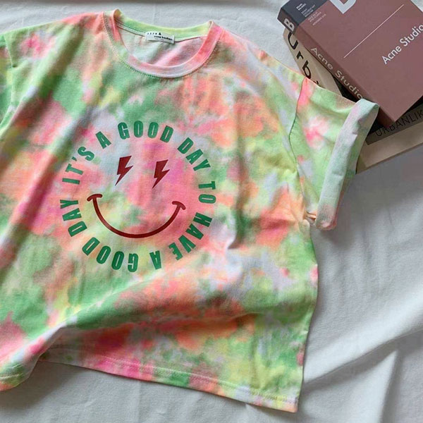 ANNAS 正韓 笑臉 暈染 渲染 短袖 T 上衣 棉T 扎染 水彩 潑漆 漸層 彩色 彩虹 螢光 微笑 潮流 韓國 2