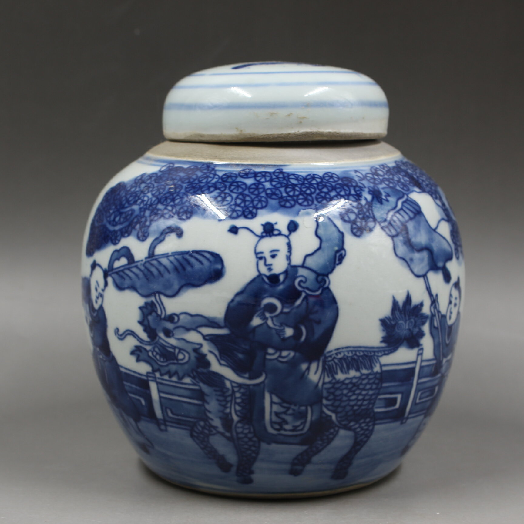清中期全手工青花麒麟送子茶葉罐家居用品擺件仿古瓷器古董古玩1入