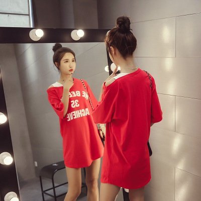 FINDSENSE G5 韓國時尚 學生 寬鬆 大尺碼 字母 中長款 T恤 短袖 露肩 假兩件 上衣