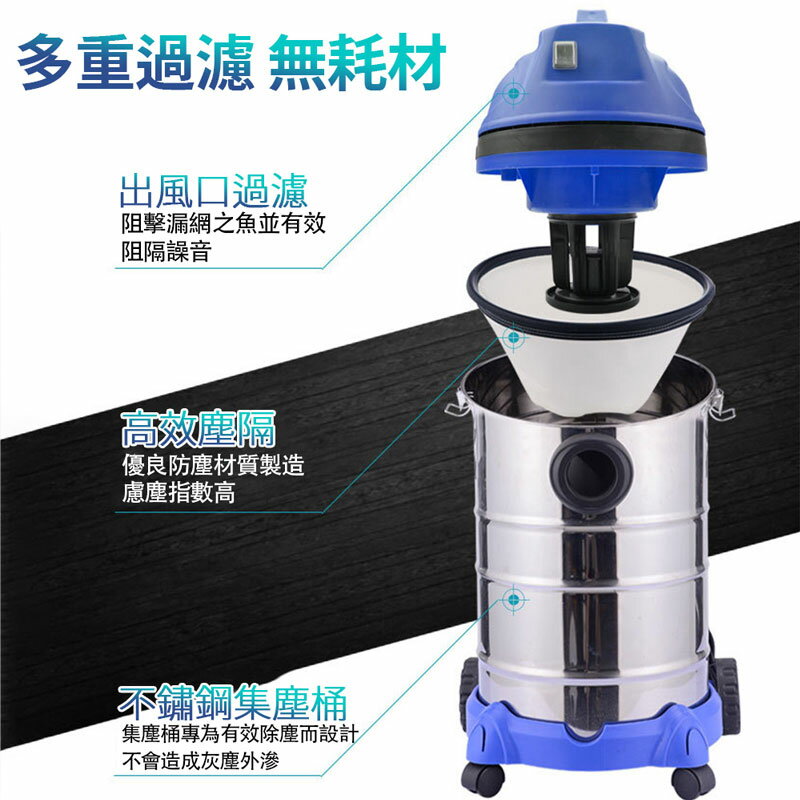 30L大容量工業吸塵機 桶裝式吸塵器 家用1400W乾濕兩用吸塵機 多功能真空吸塵器 商用吸塵器