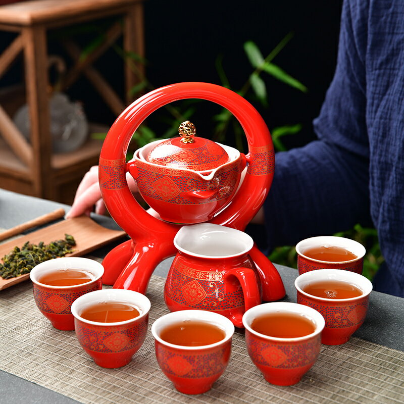 青花瓷懶人自動茶具家用功夫茶具套裝創意陶瓷石磨茶具泡茶杯整套