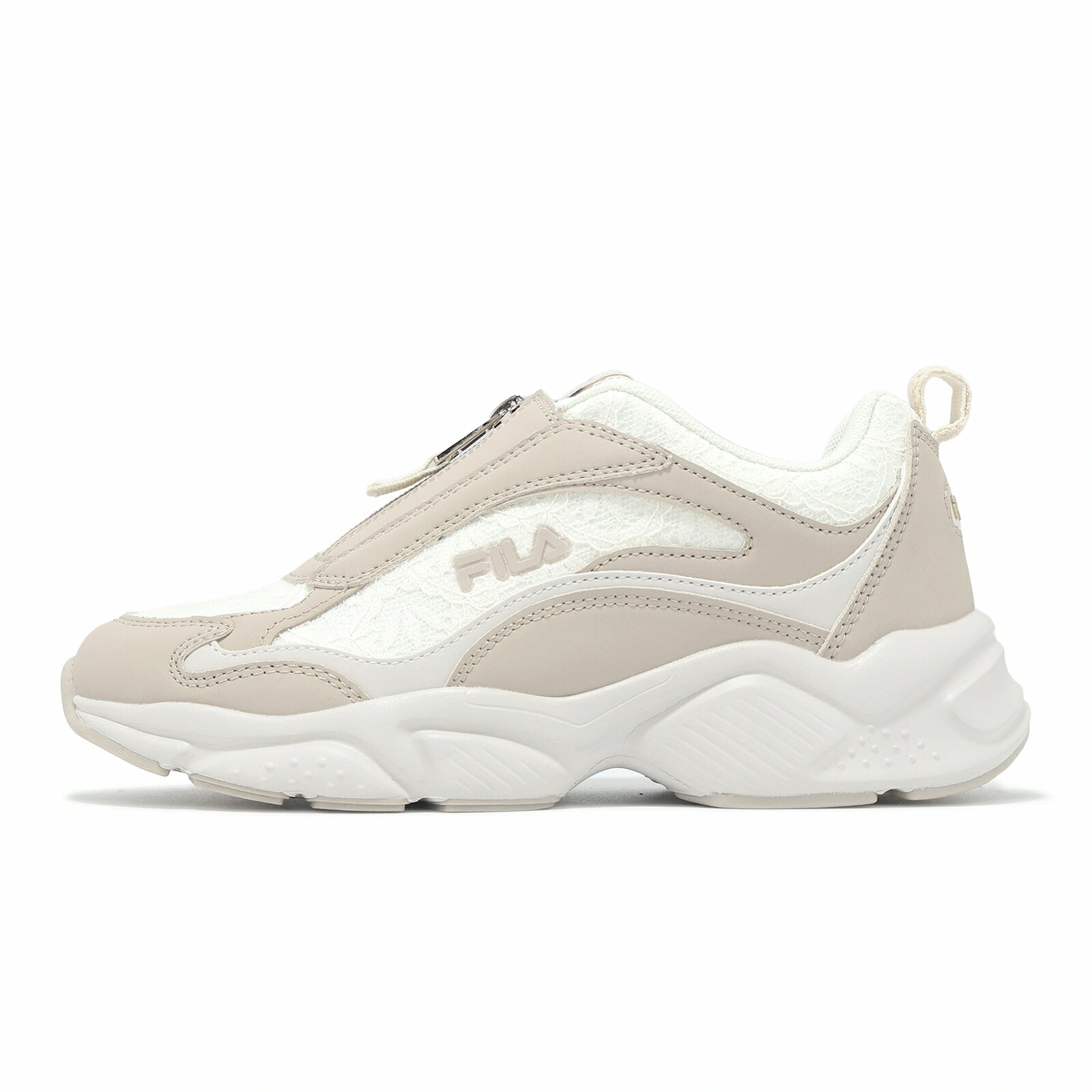 Fila 休閒鞋 Lace 女鞋 母親節 米 白 拉鍊 復古 老爹鞋 斐樂