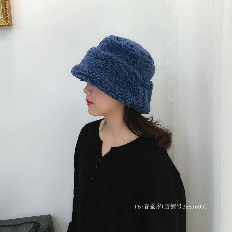 愛斯基摩藝術風~冰島藍色厚實保暖羊羔毛漁夫帽女秋冬小簷盆帽子1入
