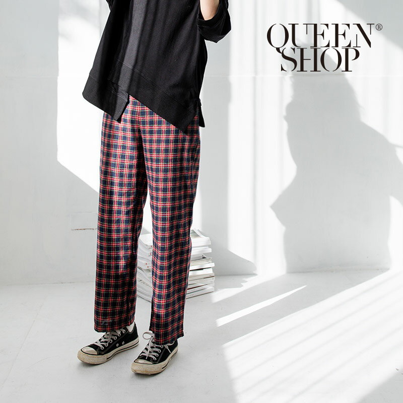 Ｑｕｅｅｎ Ｓｈｏｐ【04101331】童趣配色格紋後鬆緊棉麻長褲 兩色售 S/M＊現+預＊