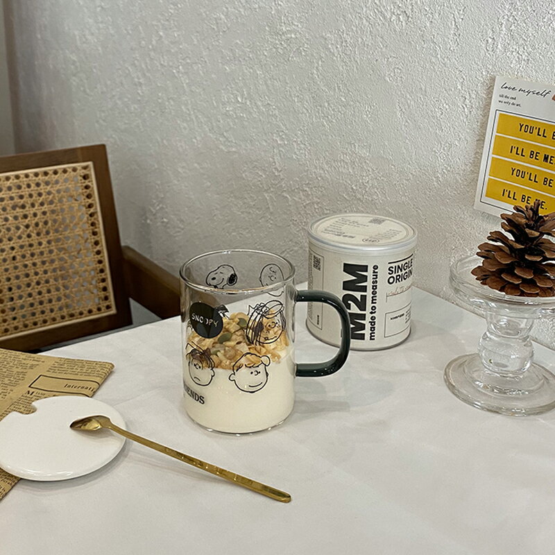 ins透明玻璃杯女夏家用水杯宿舍學生飲料杯子帶蓋勺高顏值牛奶杯