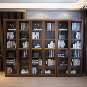 書架 ● 全實木 書櫃組合帶玻璃門現代書房整墻新中式辦公室 原木落地櫃