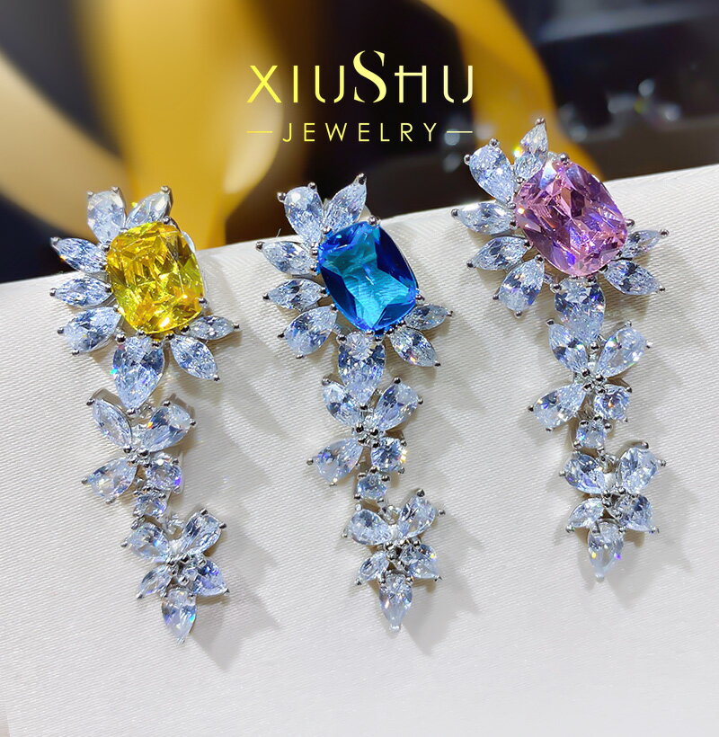 耳環2021年新款潮顯臉小的模擬黃鉆粉鉆海藍寶耳釘925銀新款ins潮