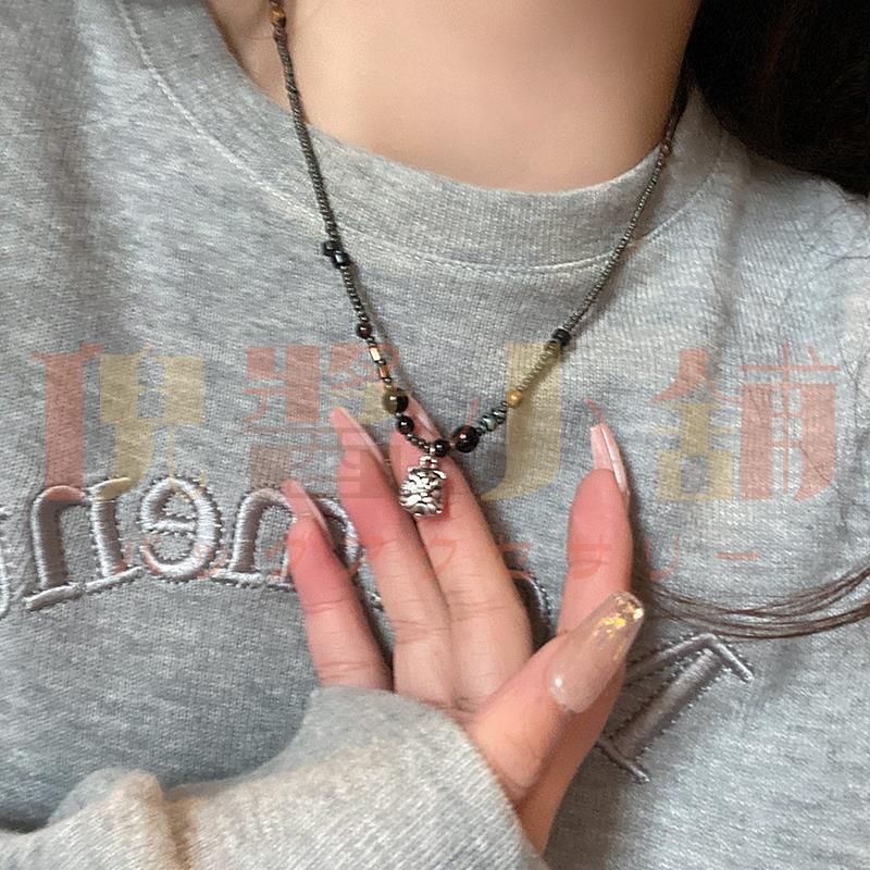 中式國潮醒獅串珠項鏈女 復古輕奢鎖骨鏈 設計感小眾民族風配飾
