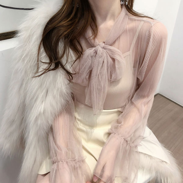 兩件組 蝴蝶結網紗 內搭背心 襯衫 上衣 套裝 長袖 喇叭袖 透膚 透視 性感 女神 氣質 婚宴 仙女 韓國 ANNA S. 7