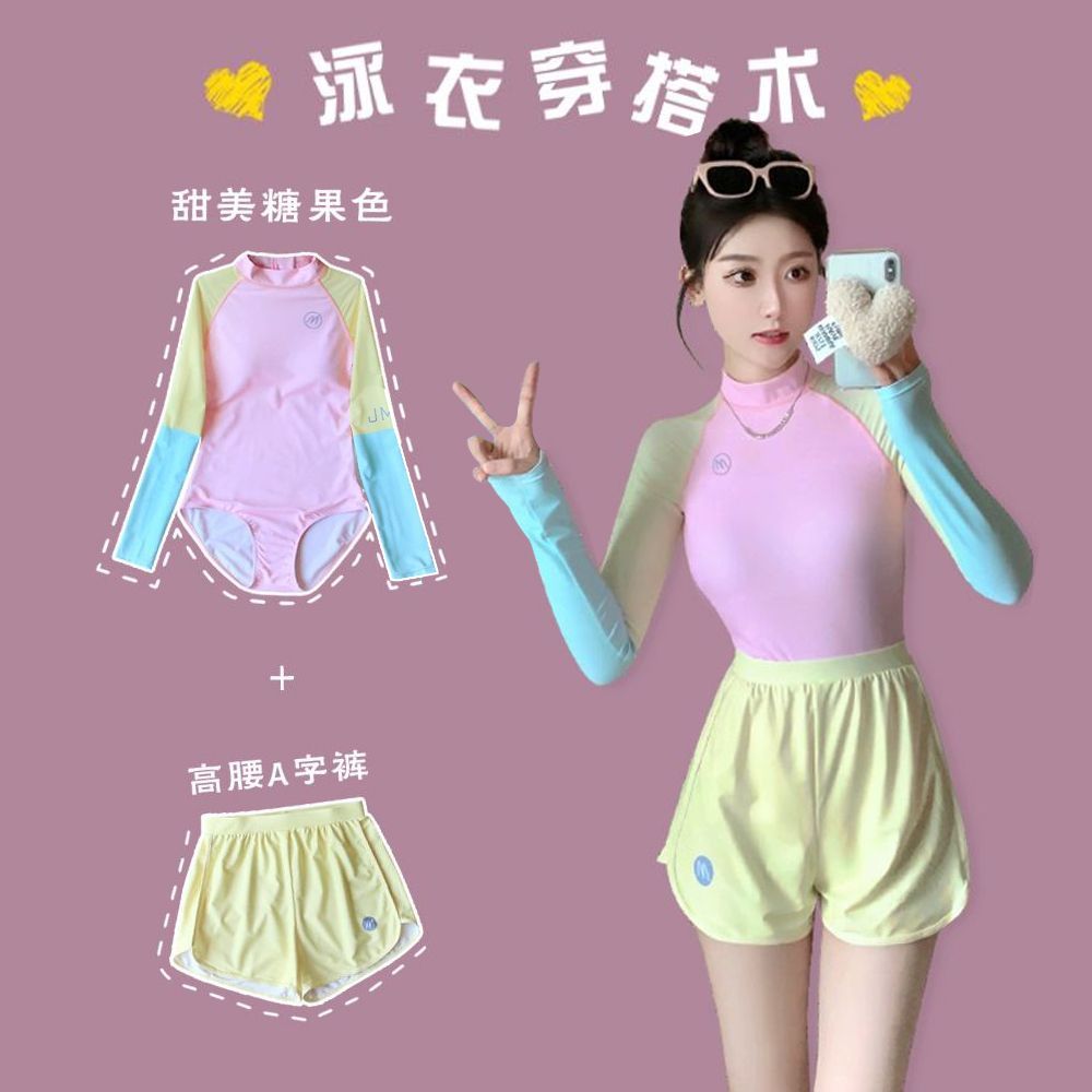 【1249人收藏】游泳衣女款連體保守防曬長袖專業競速運動短褲潛水沖浪服溫泉泳裝-創美