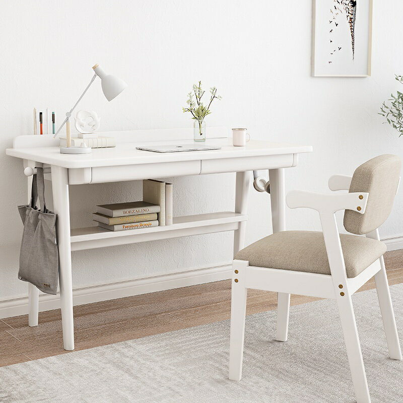 白色實木書桌日式家用辦公桌學生寫字桌現代簡約寫字檯臥室電腦桌