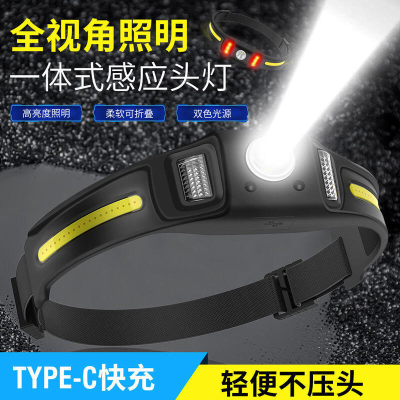 矽膠COB感應頭燈 夜跑釣魚USB充電強光充電式超長戶外遛狗燈可充電